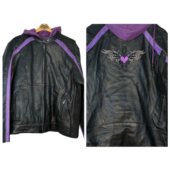 UNIK WOMENS LEATHER JACKET Cafe Moto Zip In Hoodie Purple Black Embroidered 5X - Picture 1 of 9